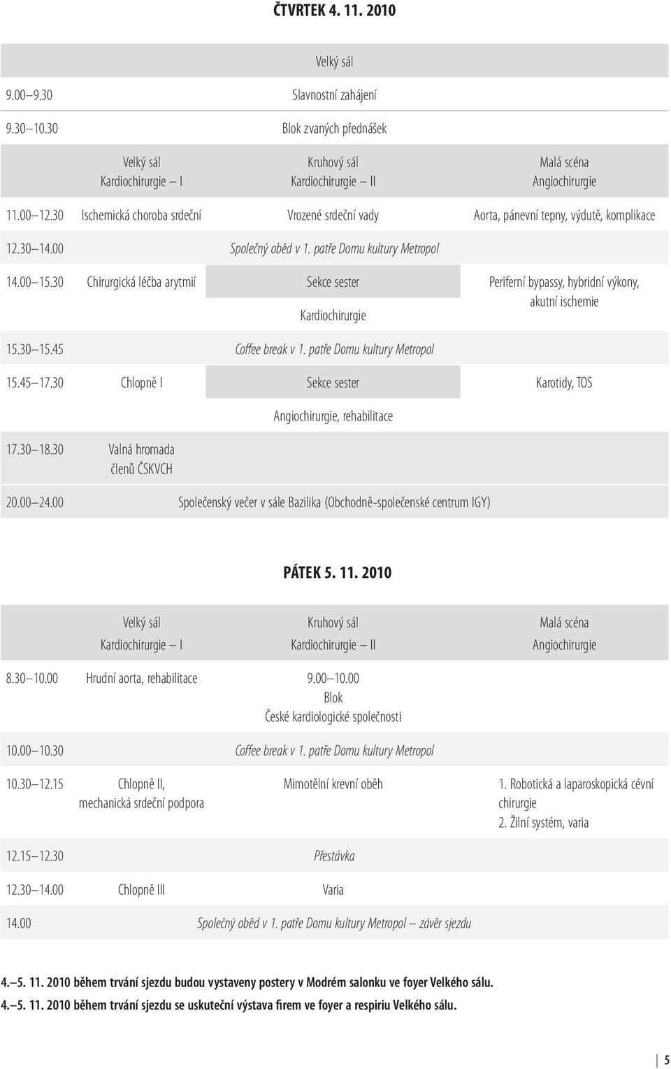 30 Chirurgická léčba arytmií Sekce sester Periferní bypassy, hybridní výkony, akutní ischemie Kardiochirurgie 5.30 5.45 Coffee break v. patře Domu kultury Metropol 5.45 7.