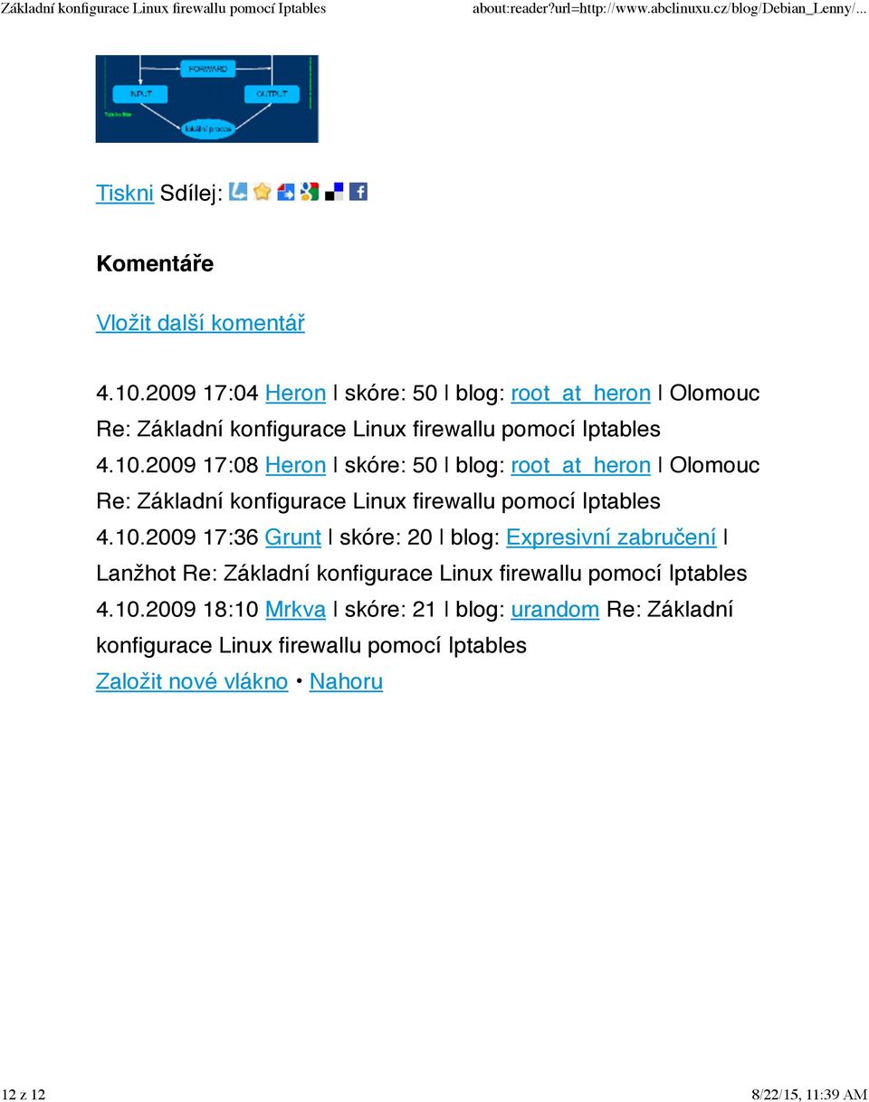 2009 17:08 Heron skóre: 50 blog: root_at_heron Olomouc Re: Základní konfigurace Linux firewallu pomocí Iptables 4.10.