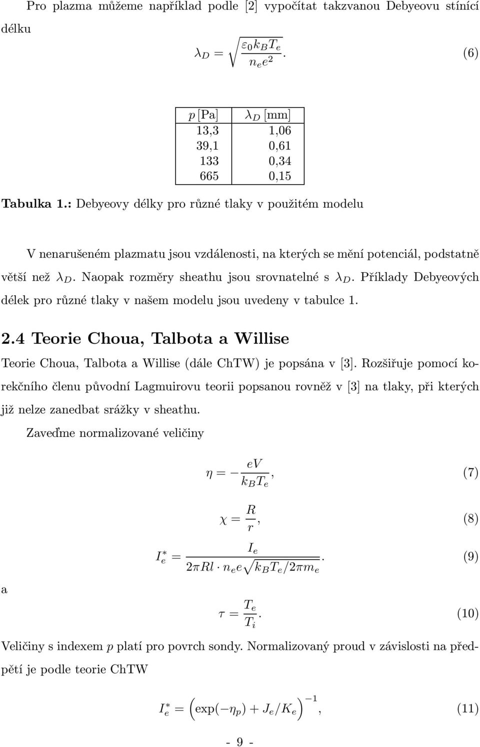 PříkladyDebyeových délekprorůznétlakyvnašemmodelujsouuvedenyvtabulce1. 2.4 Teorie Choua, Talbota a Willise Teorie Choua, Talbota a Willise(dále ChTW) je popsána v[3].