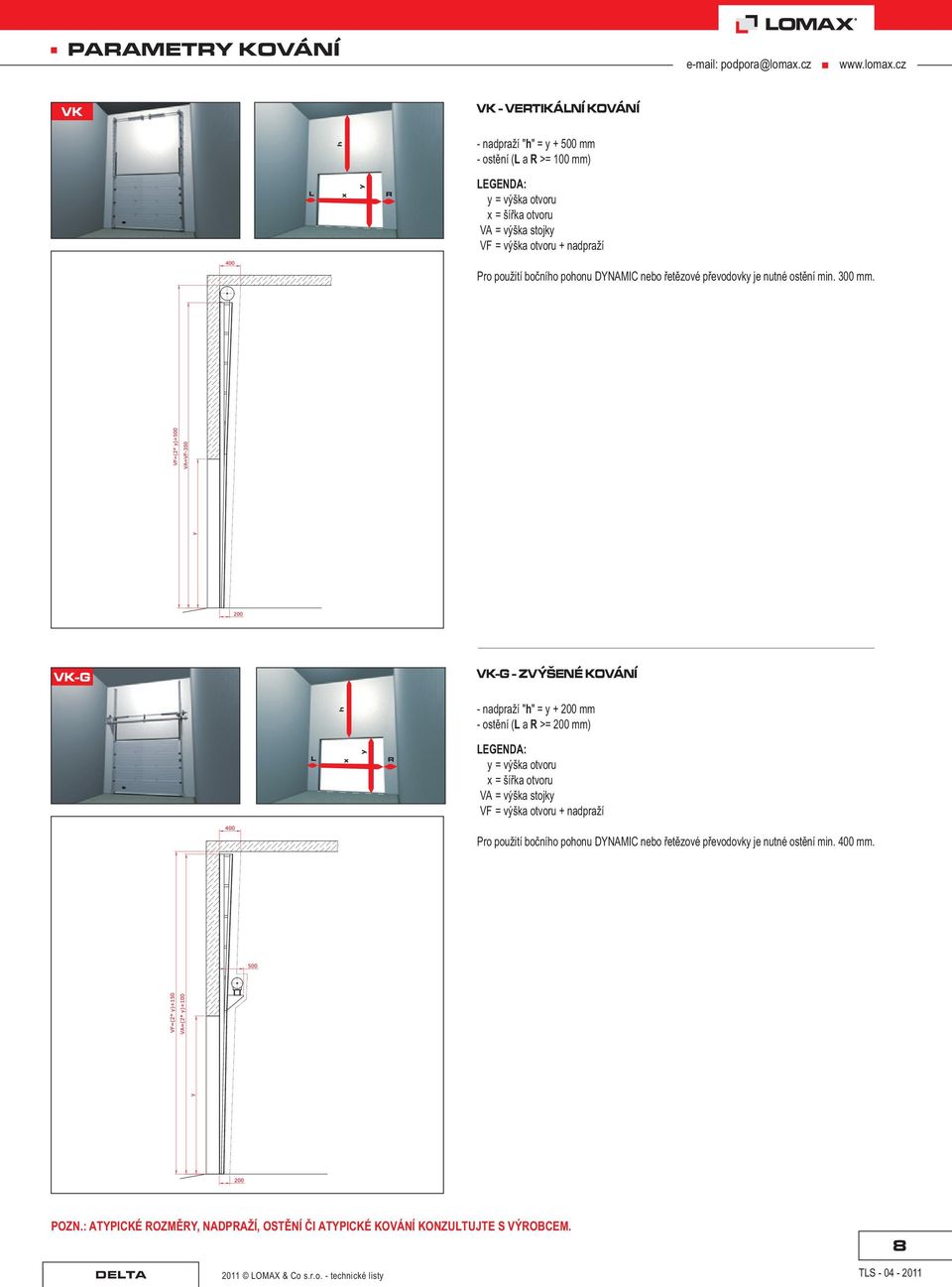 VK-G VK-G - ZVÝŠENÉ KOVÁNÍ h - nadpraží "h" = y + 200 mm - ostìní (L a R >= 200 mm) L x y R LEGENDA: y = výška otvoru x = šíøka otvoru VA = výška stojky VF =