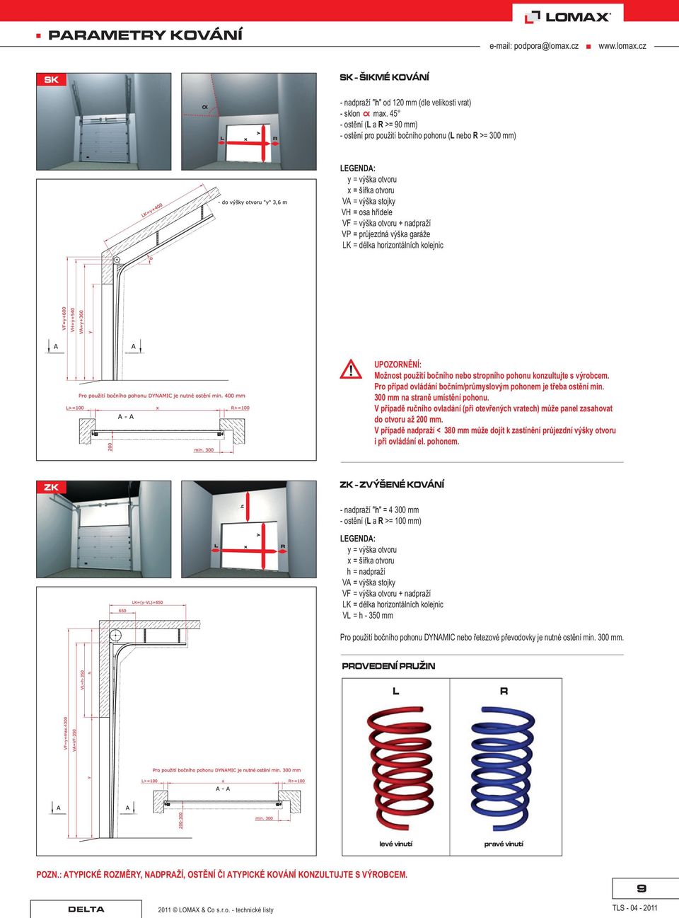 prùjezdná výška garáže LK = délka horizontálních kolejnic UPOZORNÌNÍ: Možnost použití boèního nebo stropního pohonu konzultujte s výrobcem.