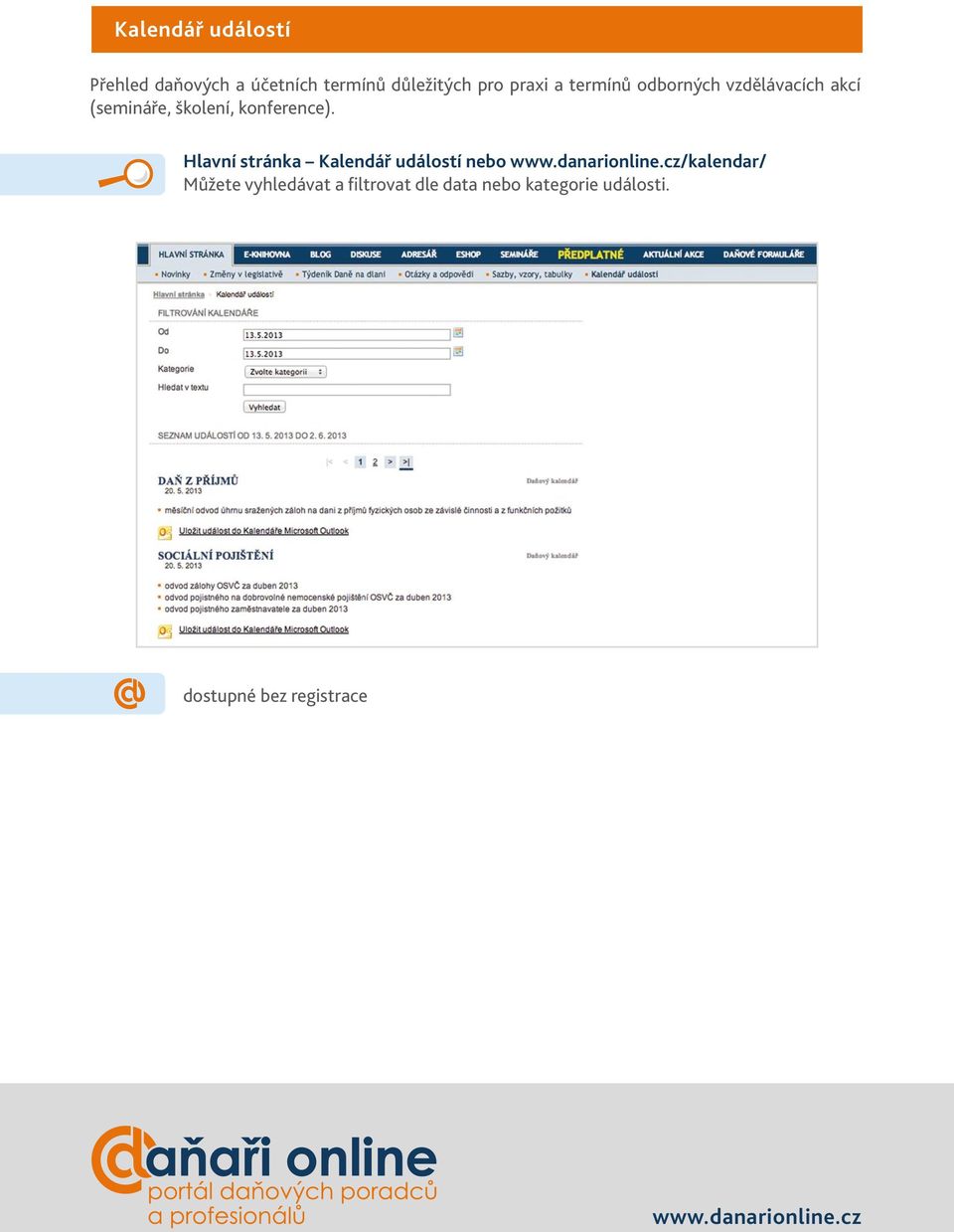 Hlavní stránka Kalendář událostí nebo www.danarionline.