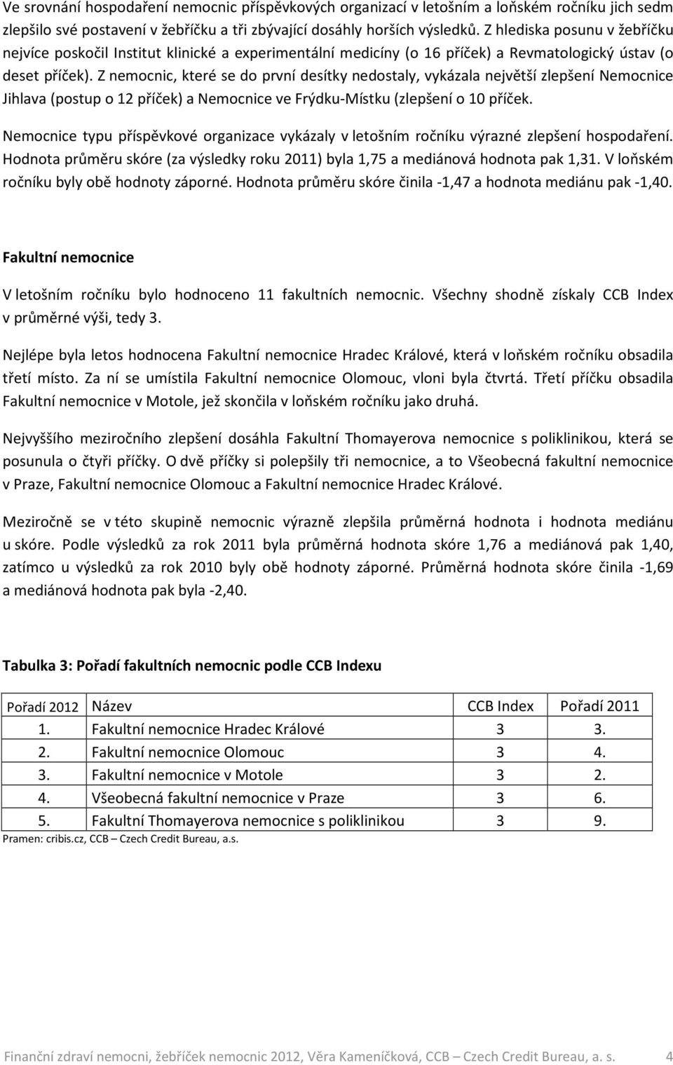 Z nemocnic, které se do první desítky nedostaly, vykázala největší zlepšení Nemocnice Jihlava (postup o 12 příček) a Nemocnice ve Frýdku-Místku (zlepšení o 10 příček.