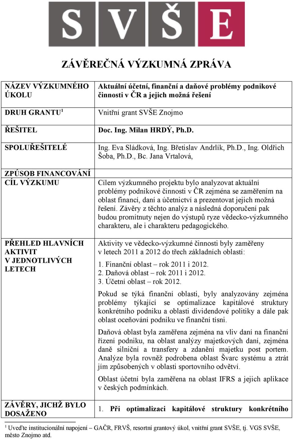 D., Bc. Jana Vrtalová, Cílem výzkumného projektu bylo analyzovat aktuální problémy podnikové činnosti v ČR zejména se zaměřením na oblast financí, daní a účetnictví a prezentovat jejich možná řešení.