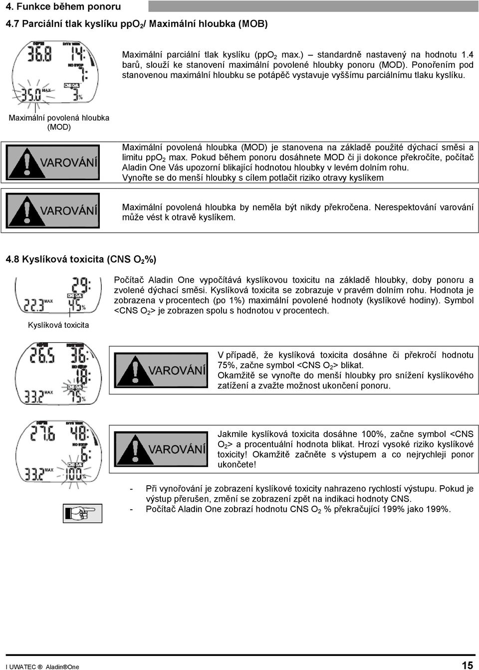 Maximální povolená hloubka (MOD) Maximální povolená hloubka (MOD) je stanovena na základě použité dýchací směsi a limitu ppo 2 max.