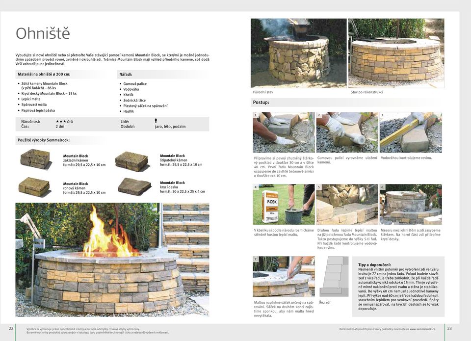 Materiál na ohniště ø 200 cm: Zdící kameny (v pěti řadách) 85 ks Krycí desky 15 ks Lepící malta Spárovací malta Papírová lepící páska Náročnost: Čas: 2 dni Nářadí: Gumová palice Vodováha Kbelík