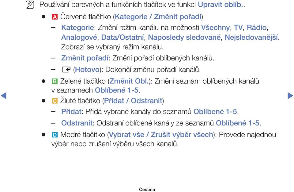 Zobrazí se vybraný režim kanálu. Změnit pořadí: Změní pořadí oblíbených kanálů. E (Hotovo): Dokončí změnu pořadí kanálů. b Zelené tlačítko (Změnit Obl.