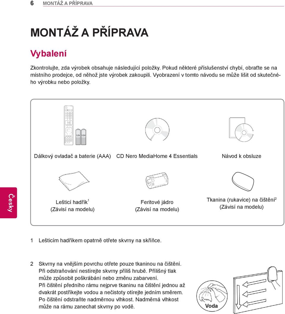 Dálkový ovladač a baterie (AAA) CD Nero MediaHome 4 Essentials Návod k obsluze Lešticí hadřík 1 (Závisí na modelu) Feritové jádro (Závisí na modelu) Tkanina (rukavice) na čištění 2 (Závisí na modelu)