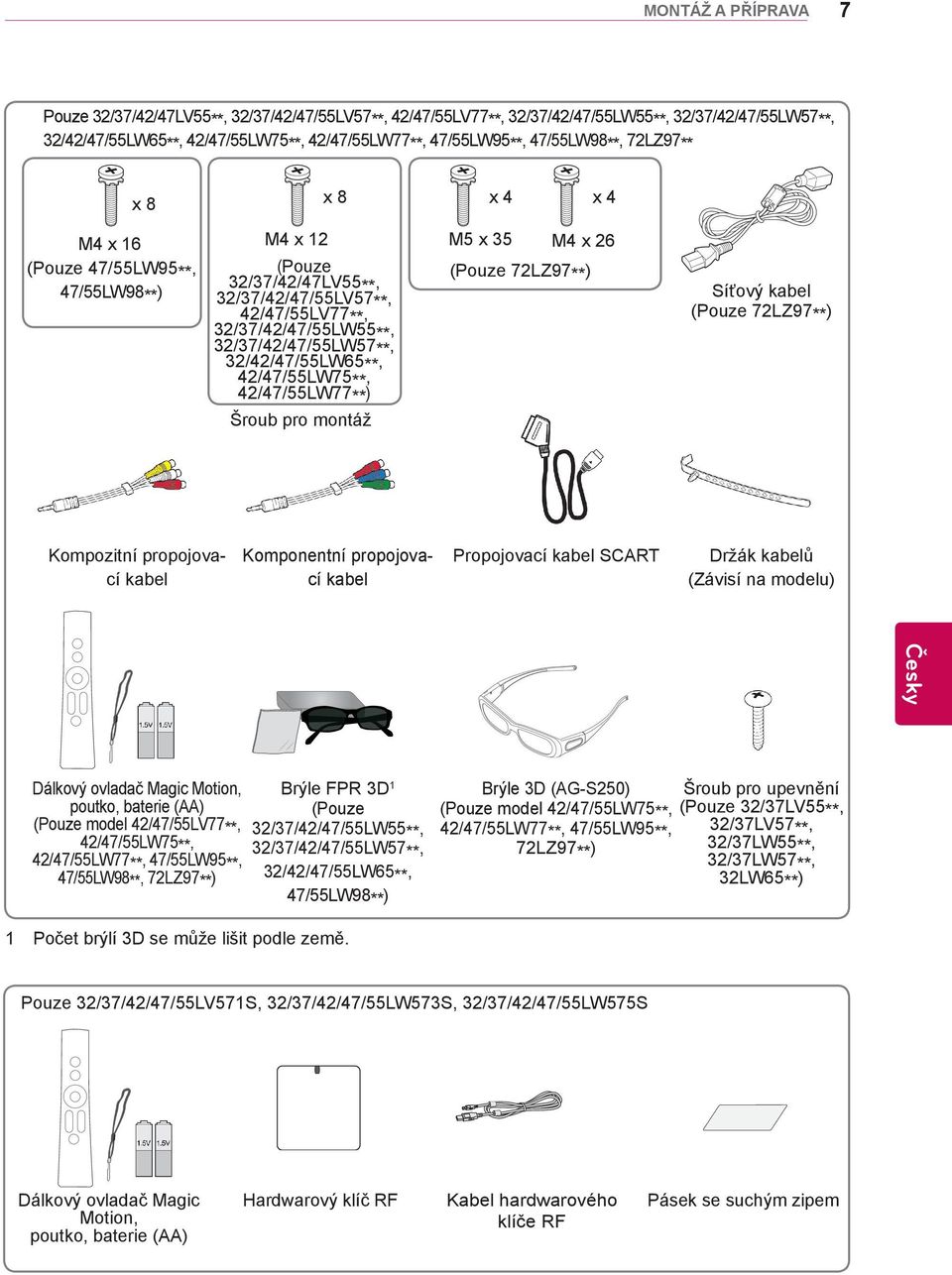 32/37/42/47/55LW57**, 32/42/47/55LW65**, 42/47/55LW75**, 42/47/55LW77**) Šroub pro montáž (Pouze 72LZ97**) Síťový kabel (Pouze 72LZ97**) Kompozitní propojovací kabel Komponentní propojovací kabel