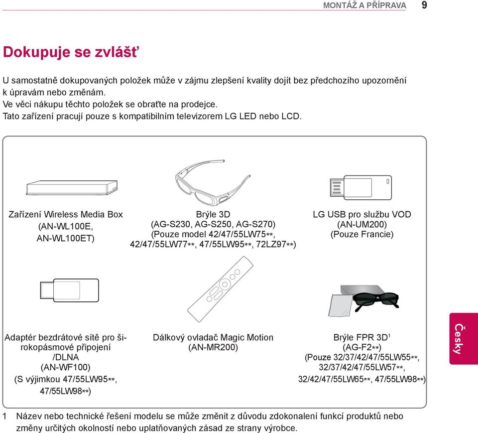 Zařízení Wireless Media Box (AN-WL100E, AN-WL100ET) Brýle 3D (AG-S230, AG-S250, AG-S270) (Pouze model 42/47/55LW75**, 42/47/55LW77**, 47/55LW95**, 72LZ97**) LG USB pro službu VOD (AN-UM200) (Pouze