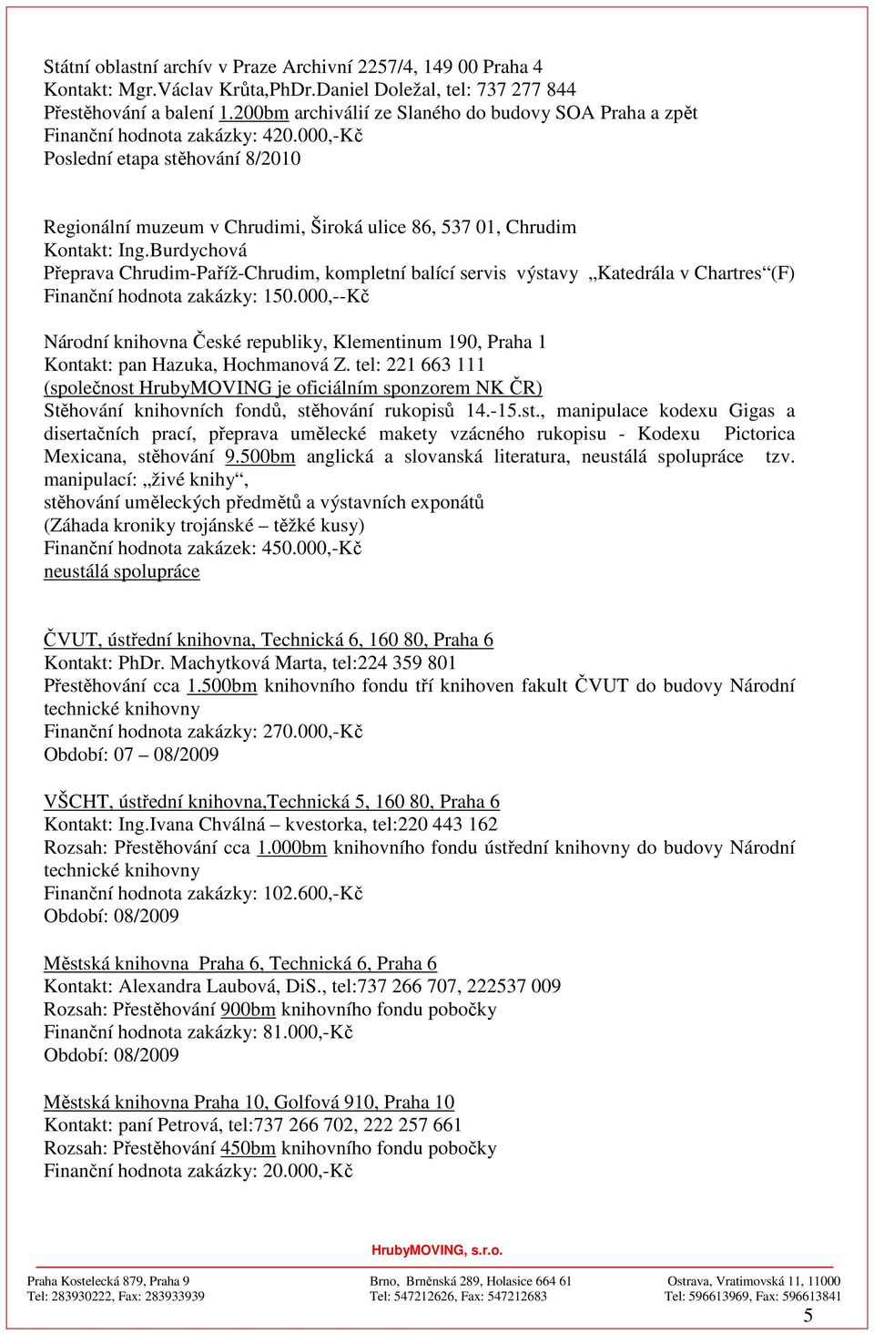 000,-Kč Poslední etapa stěhování 8/2010 Regionální muzeum v Chrudimi, Široká ulice 86, 537 01, Chrudim Kontakt: Ing.