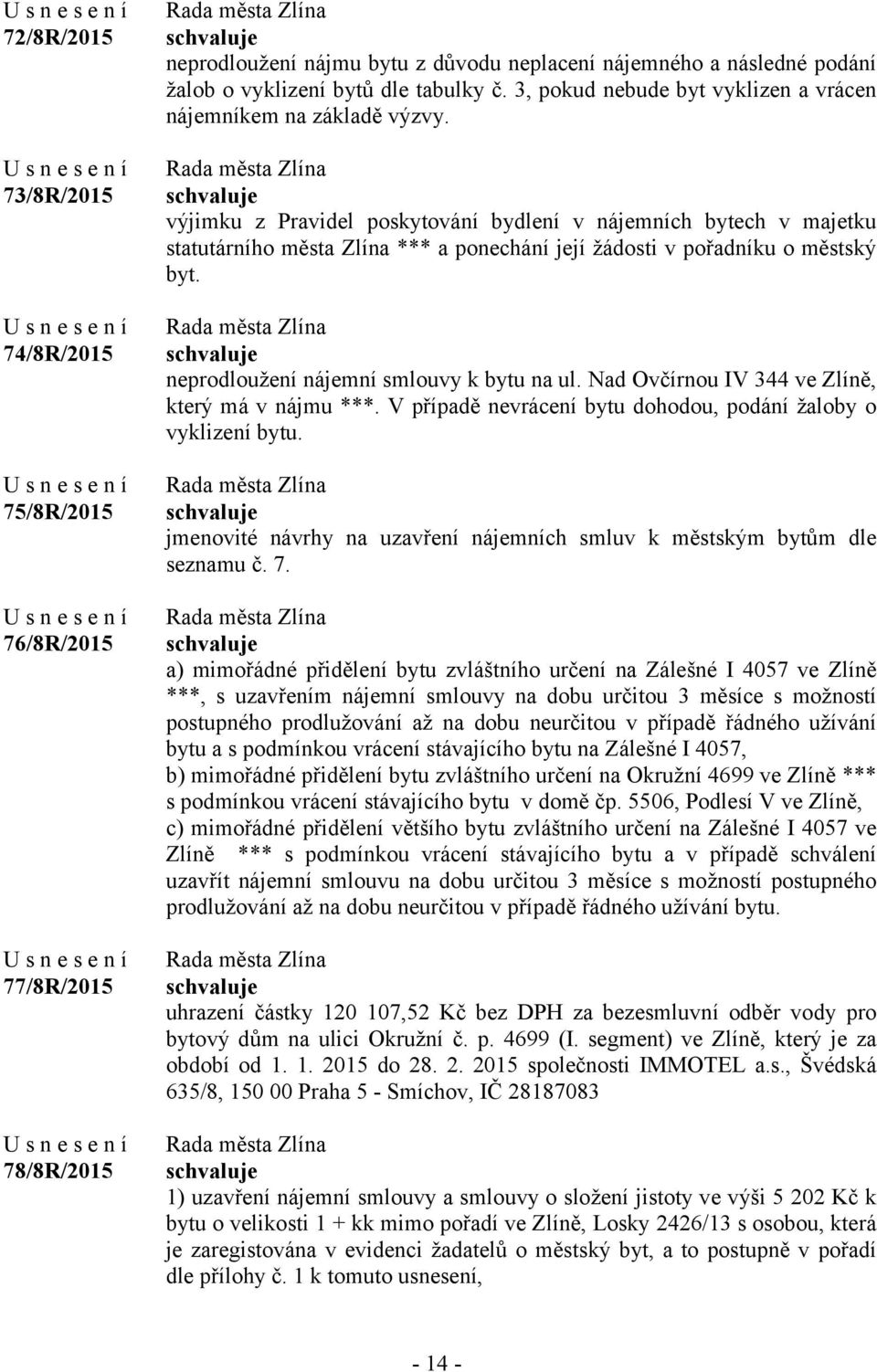 výjimku z Pravidel poskytování bydlení v nájemních bytech v majetku statutárního města Zlína *** a ponechání její žádosti v pořadníku o městský byt. neprodloužení nájemní smlouvy k bytu na ul.