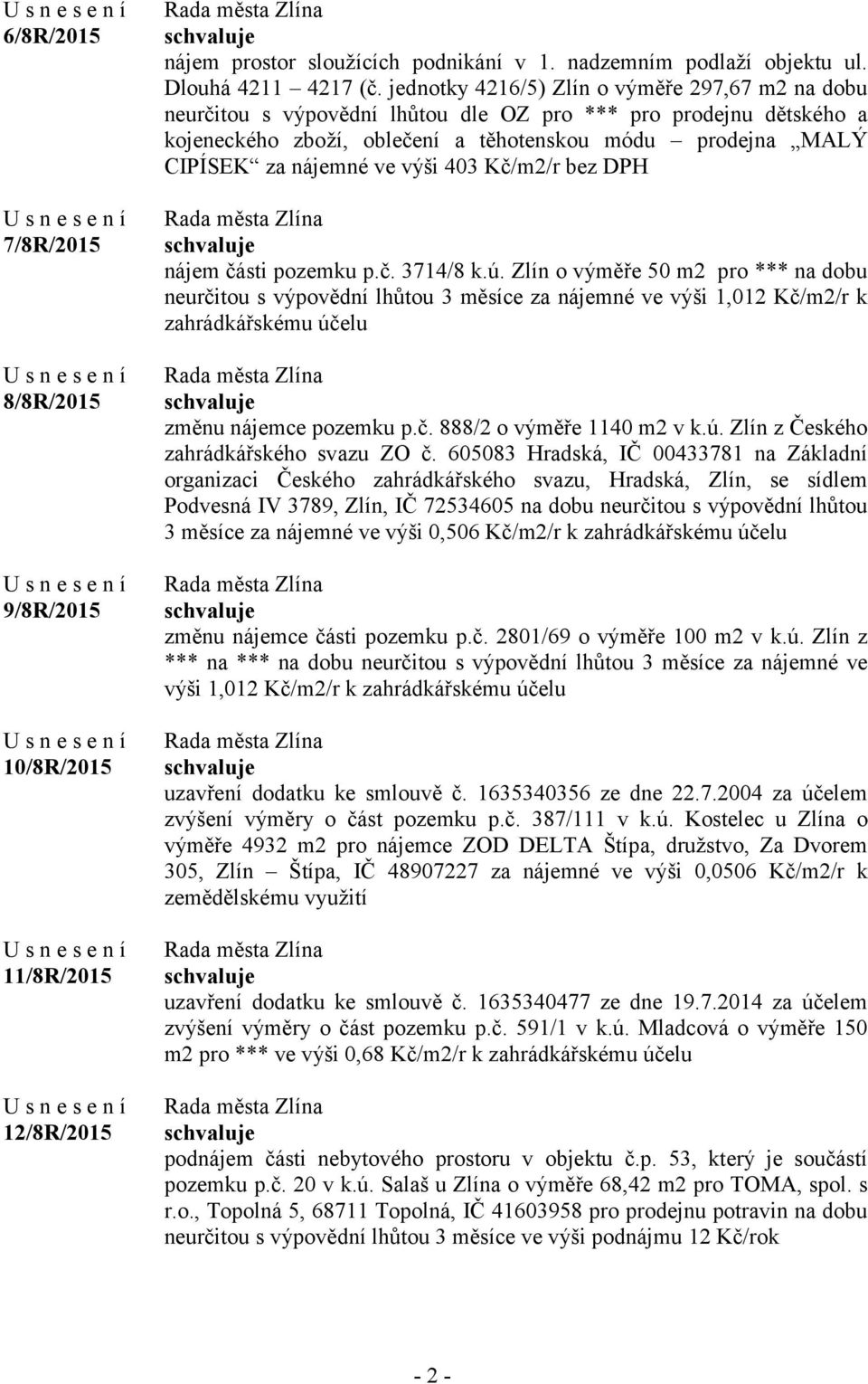 výši 403 Kč/m2/r bez DPH nájem části pozemku p.č. 3714/8 k.ú.