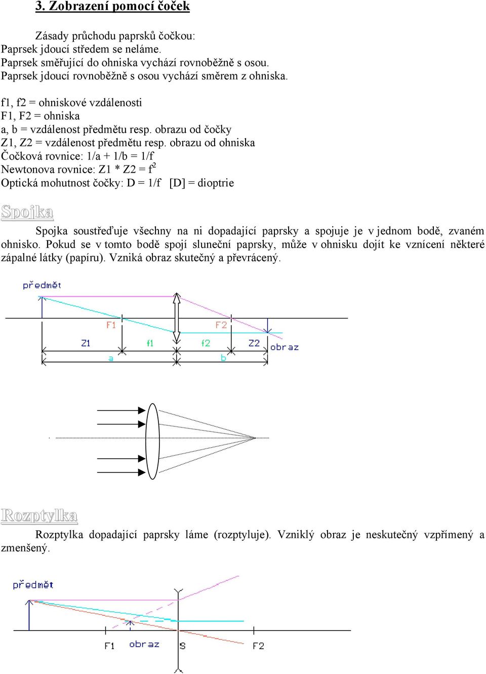 obrazu od ohniska Čočková rovnice: 1/a + 1/b = 1/f Newtonova rovnice: Z1 * Z2 = f 2 Optická mohutnost čočky: D = 1/f [D] = dioptrie Spojka Spojka soustřeďuje všechny na ni dopadající paprsky a