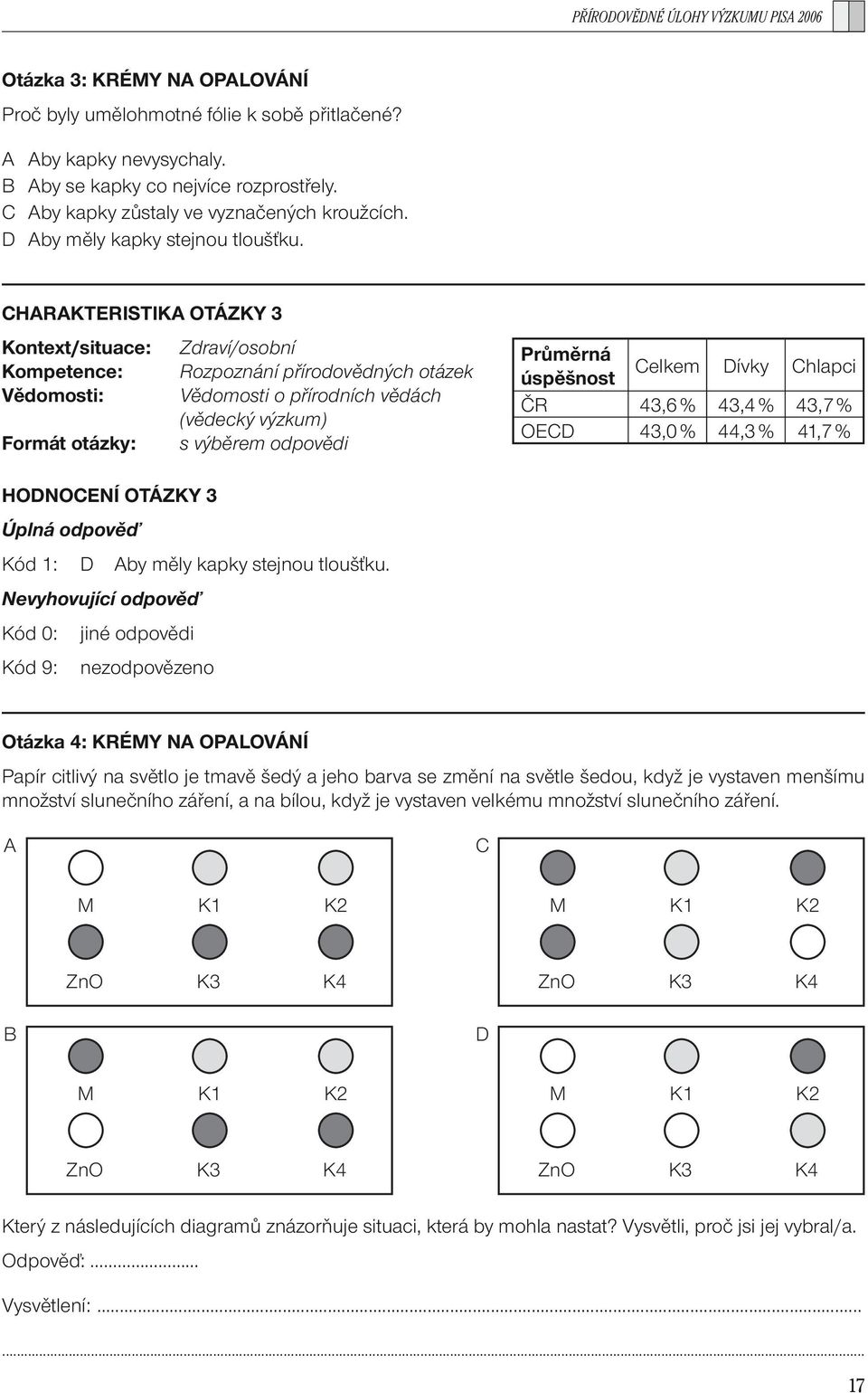 CHARAKTERISTIKA OTÁZKY 3 Kontext/situace: Zdraví/osobní Kompetence: Rozpoznání přírodovědných otázek Vědomosti: Vědomosti o přírodních vědách (vědecký výzkum) Formát otázky: s výběrem odpovědi