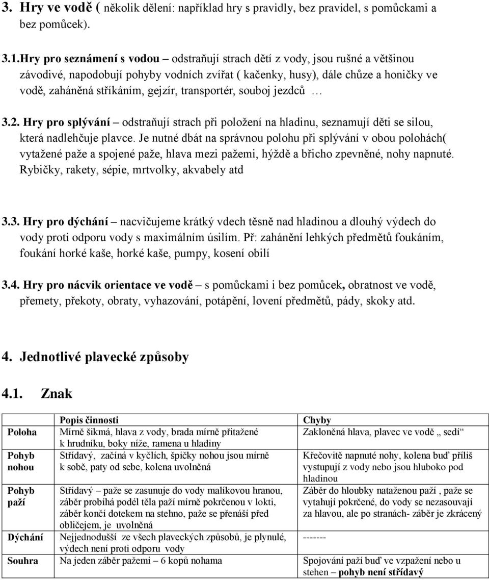 transportér, souboj jezdců 3.2. Hry pro splývání odstraňují strach při položení na hladinu, seznamují děti se silou, která nadlehčuje plavce.