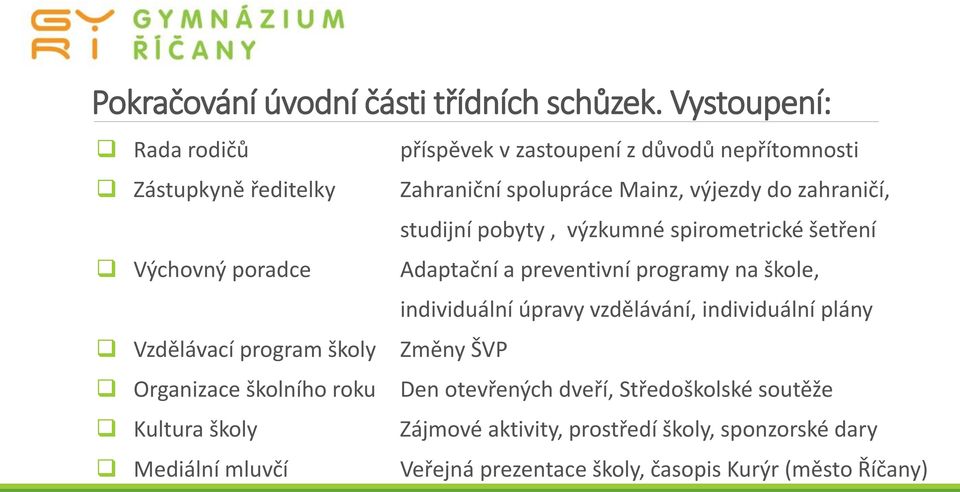 studijní pobyty, výzkumné spirometrické šetření Výchovný poradce Adaptační a preventivní programy na škole, individuální úpravy vzdělávání,