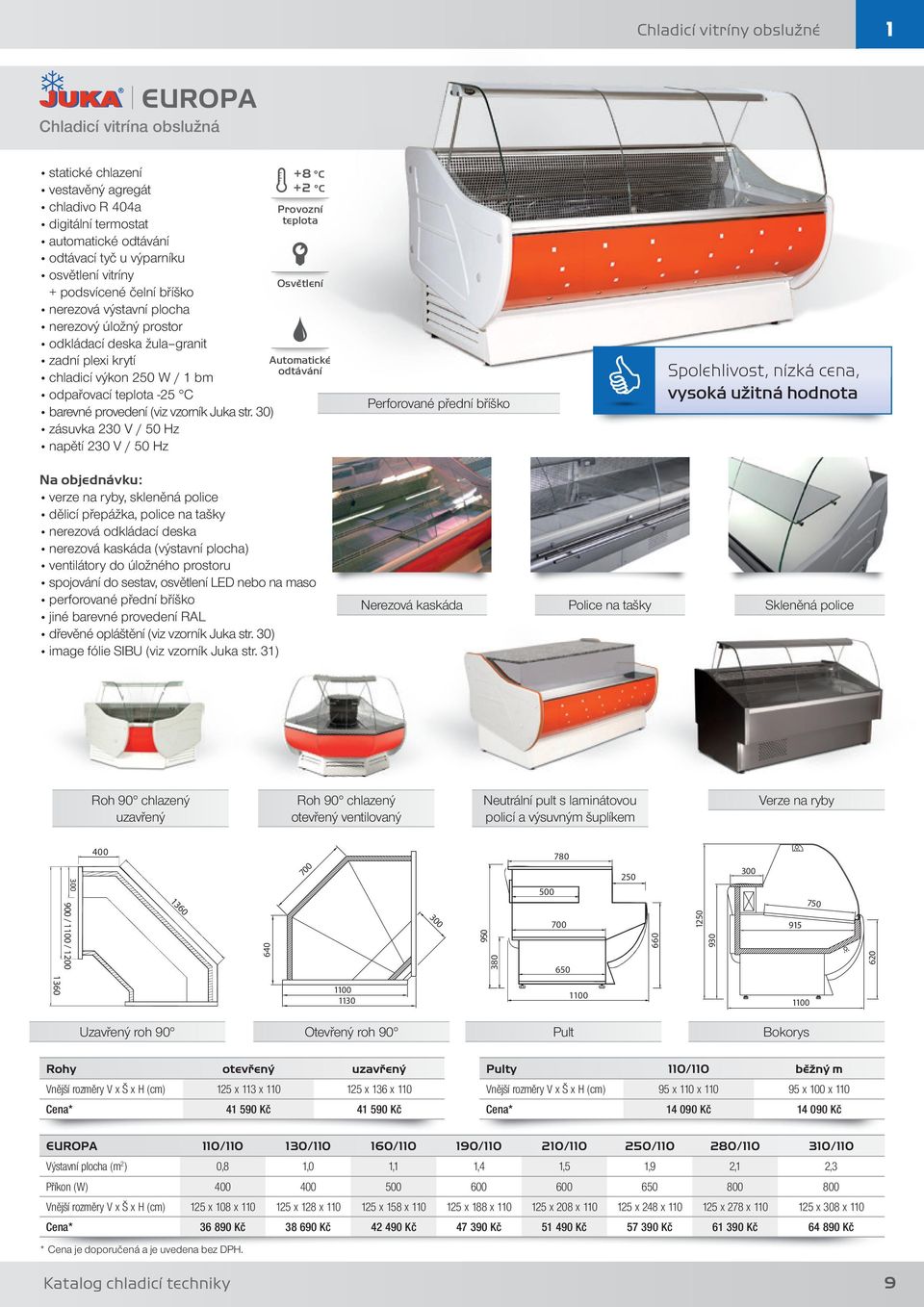 str. 30) zásuvka 230 V / 50 Hz napětí 230 V / 50 Hz +8 C +2 C Automatické odtávání Perforované přední bříško Spolehlivost, nízká cena, vysoká užitná hodnota Na objednávku: verze na ryby, skleněná