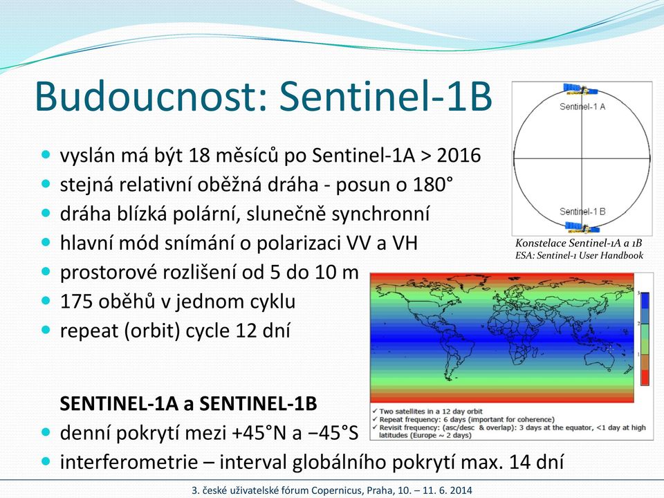 m 175 oběhů v jednom cyklu repeat (orbit) cycle 12 dní Konstelace Sentinel-1A a 1B ESA: Sentinel-1 User Handbook