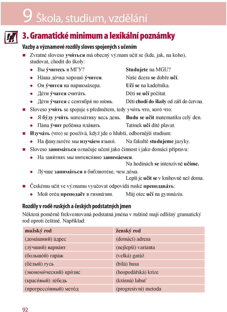 в МГУ? Studujete na MGU? Наша дочка хорошо учится. Naše dcera se dobře učí. Он учится на парикмахера. Učí se na kadeřníka. Дети учатся считать. Děti se učí počítat. Дети учатся с сентября по июнь.