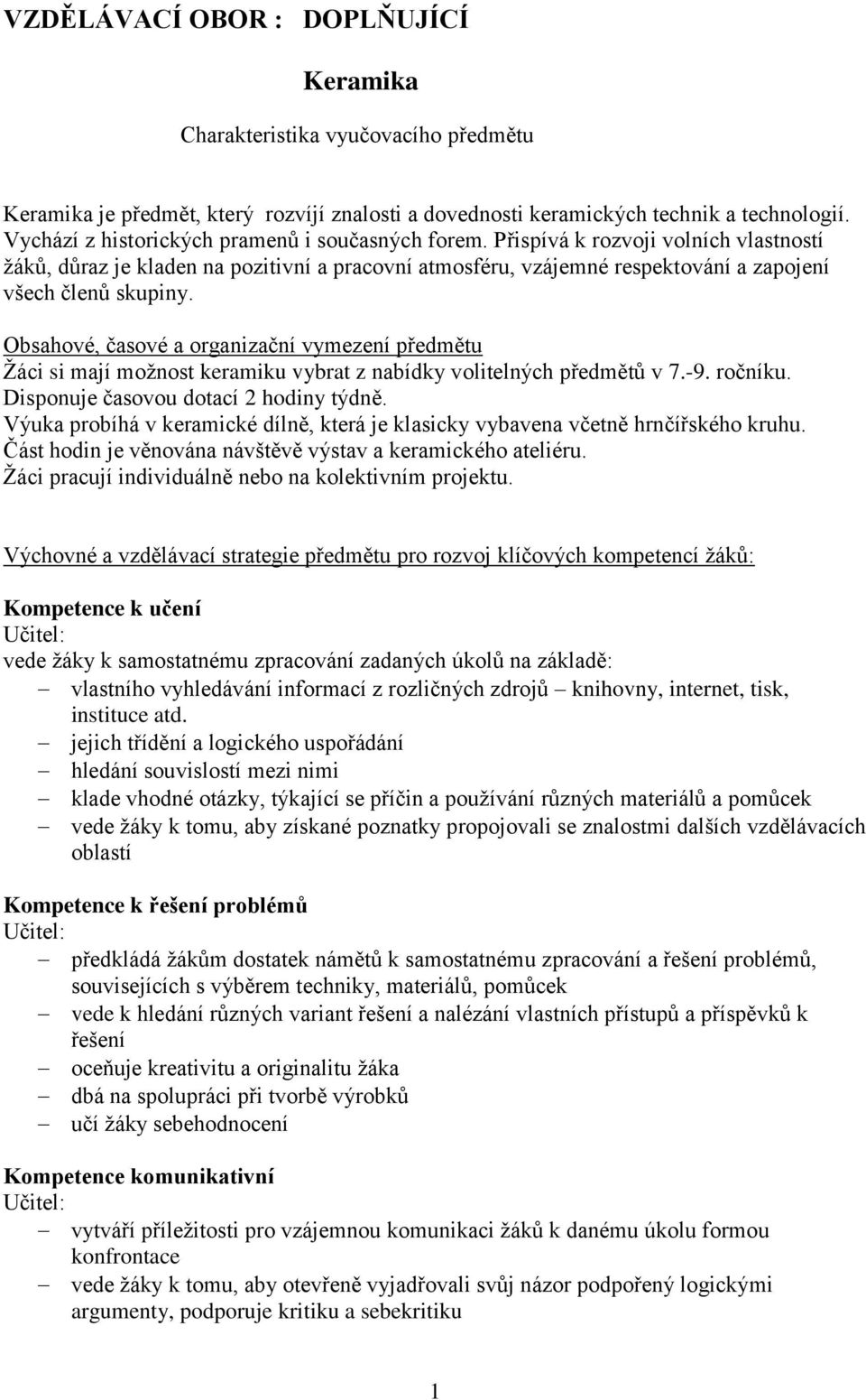 Obsahové, časové a organizační vymezení předmětu Žáci si mají možnost keramiku vybrat z nabídky volitelných předmětů v 7.-9. ročníku. Disponuje časovou dotací 2 hodiny týdně.