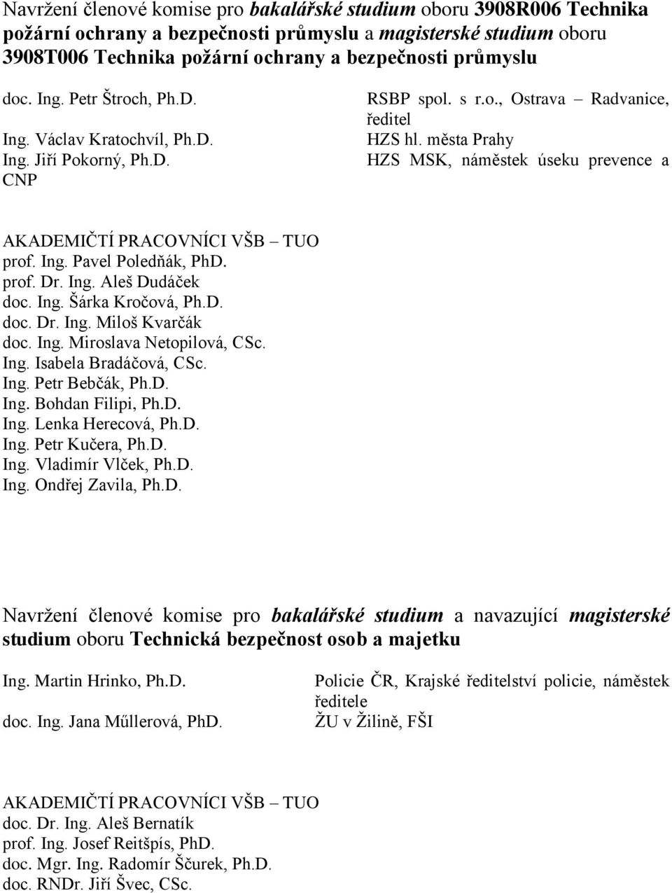 města Prahy HZS MSK, náměstek úseku prevence a AKADEMIČTÍ PRACOVNÍCI VŠB TUO prof. Ing. Pavel Poledňák, PhD. prof. Dr. Ing. Aleš Dudáček doc. Ing. Šárka Kročová, Ph.D. doc. Dr. Ing. Miloš Kvarčák doc.