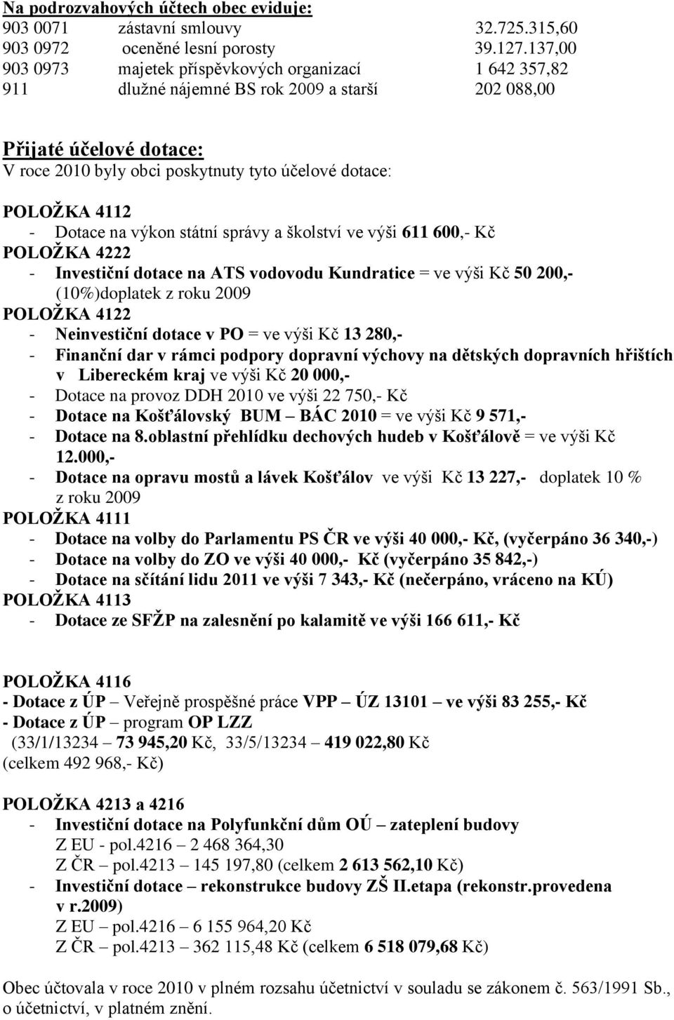 4112 - Dotace na výkon státní správy a školství ve výši 611 600,- Kč POLOŢKA 4222 - Investiční dotace na ATS vodovodu Kundratice = ve výši Kč 50 200,- (10%)doplatek z roku 2009 POLOŢKA 4122 -