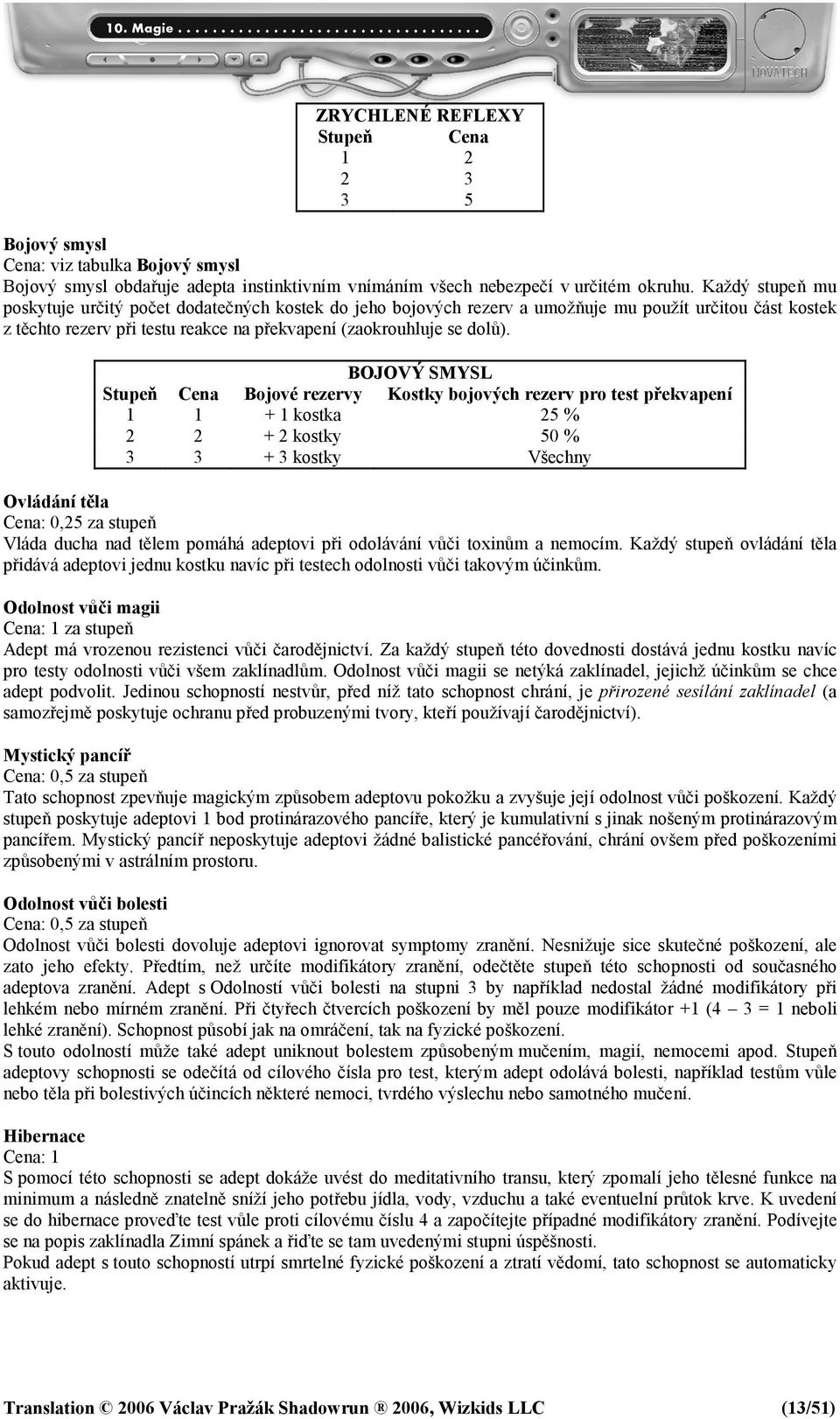 BOJOVÝ SMYSL Stupeň Cena Bojové rezervy Kostky bojových rezerv pro test překvapení 1 1 + 1 kostka 25 % 2 2 + 2 kostky 50 % 3 3 + 3 kostky Všechny Ovládání těla Cena: 0,25 za stupeň Vláda ducha nad