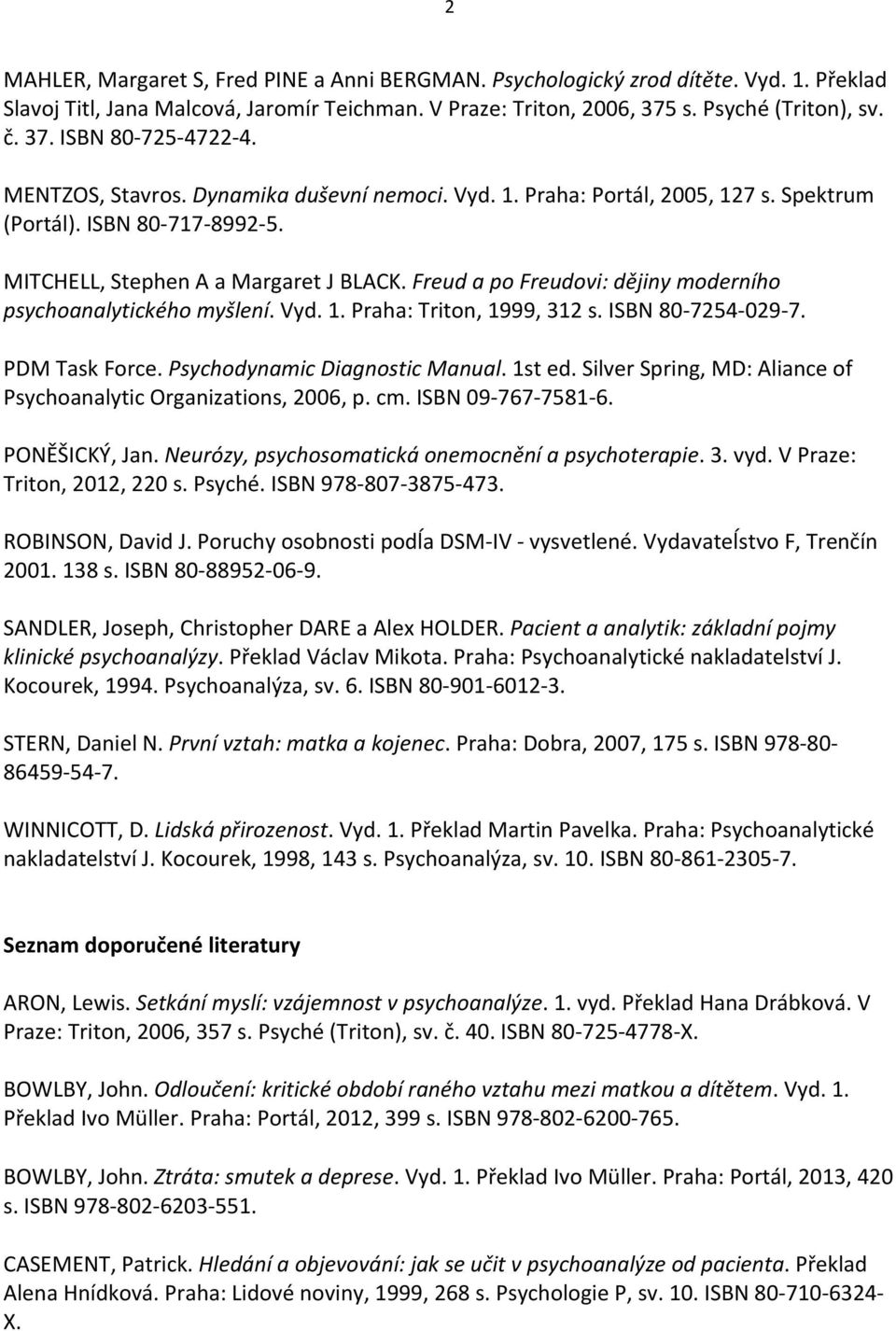 Freud a po Freudovi: dějiny moderního psychoanalytického myšlení. Vyd. 1. Praha: Triton, 1999, 312 s. ISBN 80-7254-029-7. PDM Task Force. Psychodynamic Diagnostic Manual. 1st ed.