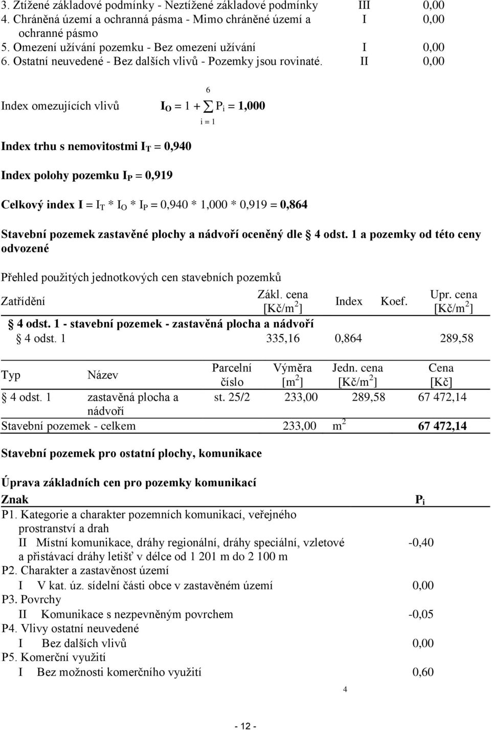 II 0,00 Index omezujících vlivů I O = 1 + P i = 1,000 Index trhu s nemovitostmi I T = 0,940 Index polohy pozemku I P = 0,919 Celkový index I = I T * I O * I P = 0,940 * 1,000 * 0,919 = 0,864 6 i = 1