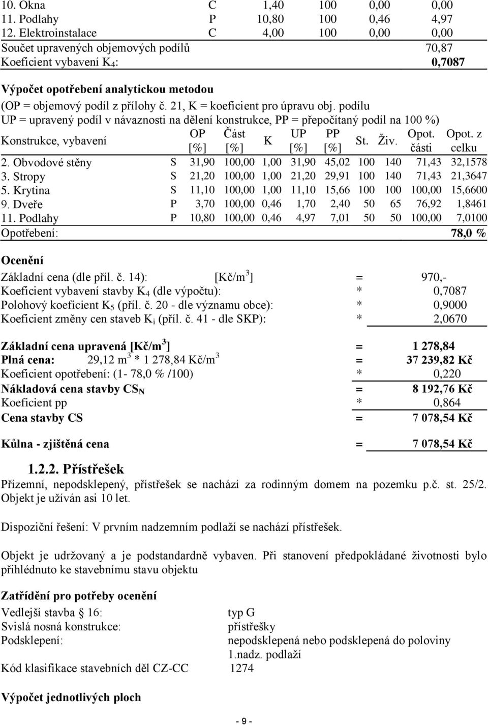 21, K = koeficient pro úpravu obj. podílu UP = upravený podíl v návaznosti na dělení konstrukce, PP = přepočítaný podíl na 100 %) OP Část UP PP Opot. Konstrukce, vybavení K St. Živ. - 9 - Opot.