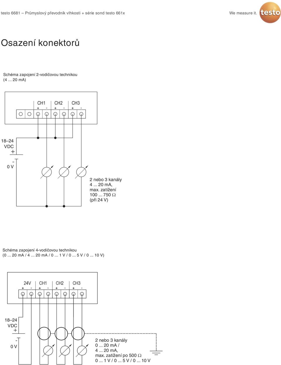 .. 750 W (při 24 V) Schéma zapojení 4-vodičovou technikou (0... 20 ma / 4... 20 ma / 0... 1 V / 0.