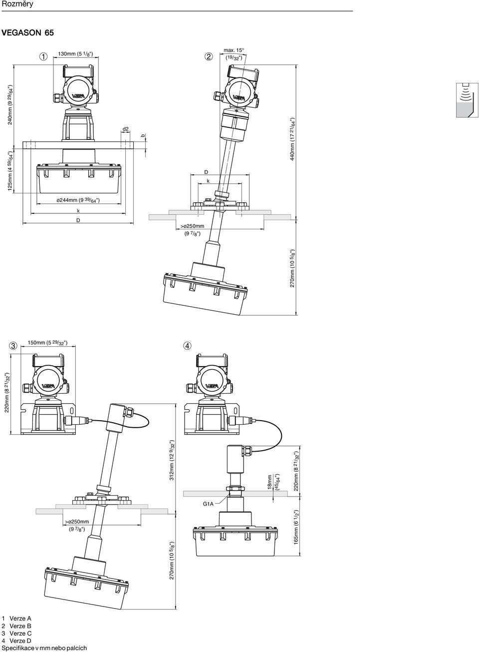 220mm (8 21/32") 440mm (17 21/64") k D >ø250mm (9 7/ 8 ") 270mm (10 5/8") 3 4 >ø250mm (9 7/ 8 ")