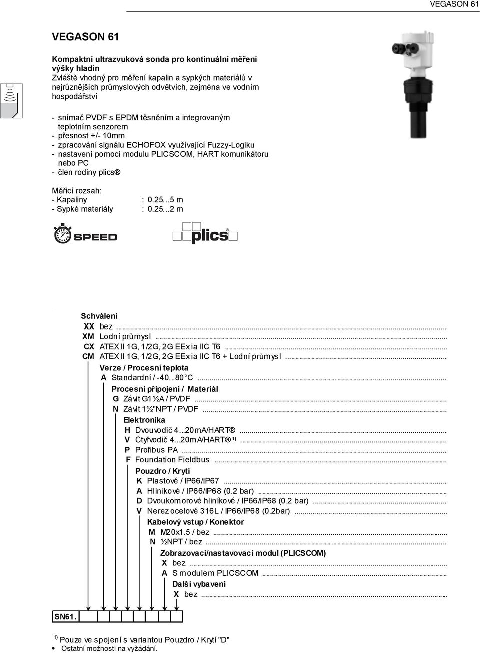 komunikátoru nebo PC - len rodiny plics M icí rozsah: - Kapaliny : 0.25...5 m - Sypké materiály : 0.25...2 m Schválení XX bez... XM Lodní pr mysl... CX ATEX II 1G, 1/2G, 2G EEx ia IIC T6.