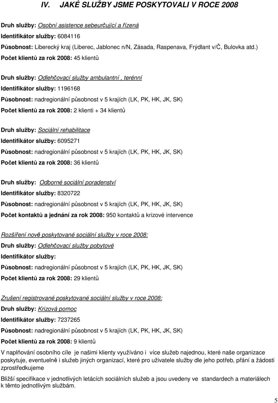 ) Počet klientů za rok 2008: 45 klientů Druh služby: Odlehčovací služby ambulantní, terénní Identifikátor služby: 1196168 Působnost: nadregionální působnost v 5 krajích (LK, PK, HK, JK, SK) Počet
