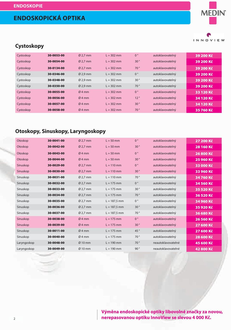 Kč Cystoskop 30-0350-00 Ø 2,9 mm L = 302 mm 70 autoklavovatelný 39 200 Kč Cystoskop 30-0055-00 Ø 4 mm L = 302 mm 0 autoklavovatelný 33 120 Kč Cystoskop 30-0056-00 Ø 4 mm L = 302 mm 12