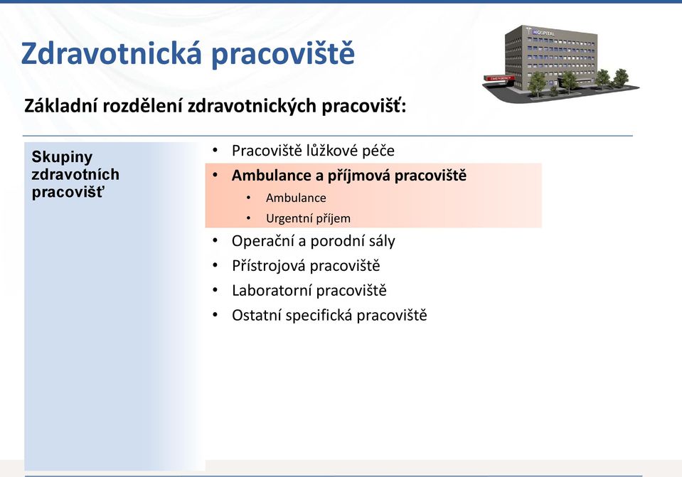 příjmová pracoviště Ambulance Urgentní příjem Operační a porodní sály