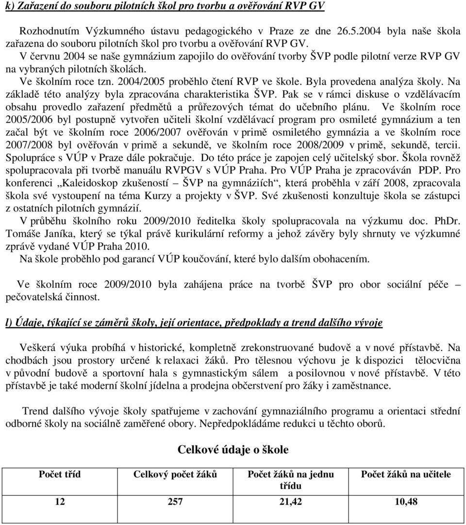 V červnu 2004 se naše gymnázium zapojilo do ověřování tvorby ŠVP podle pilotní verze RVP GV na vybraných pilotních školách. Ve školním roce tzn. 2004/2005 proběhlo čtení RVP ve škole.