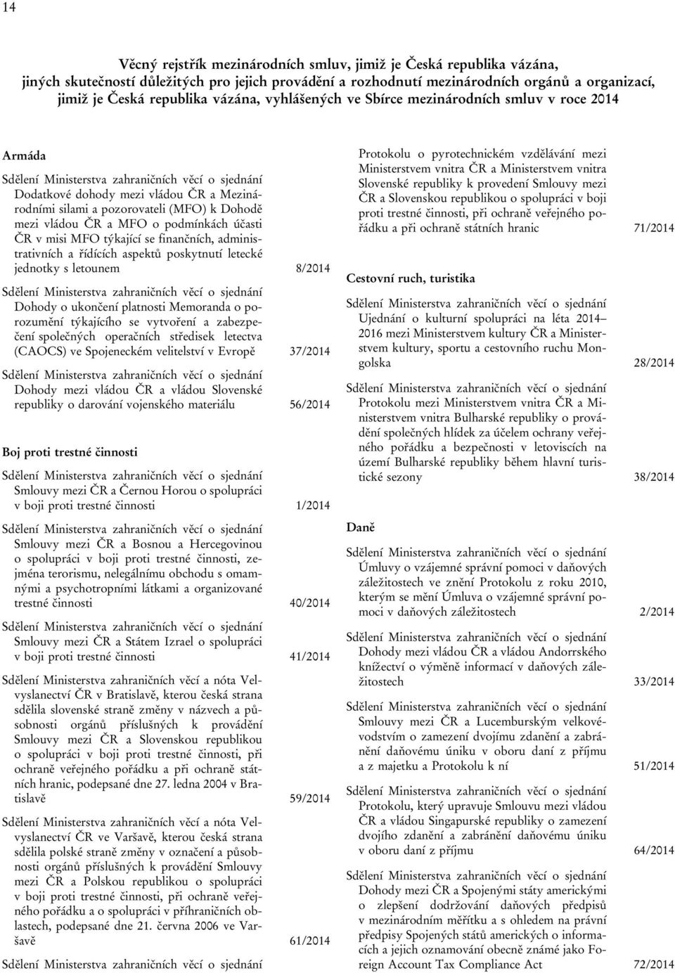 misi MFO týkající se finančních, administrativních a řídících aspektů poskytnutí letecké jednotky s letounem 8/2014 Dohody o ukončení platnosti Memoranda o porozumění týkajícího se vytvoření a