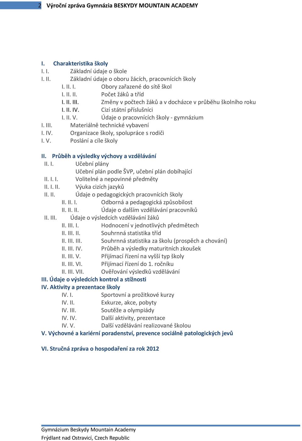 IV. Organizace školy, spolupráce s rodiči I. V. Poslání a cíle školy II. Průběh a výsledky výchovy a vzdělávání II. I. Učební plány Učební plán podle ŠVP, učební plán dobíhající II. I. I. Volitelné a nepovinné předměty II.