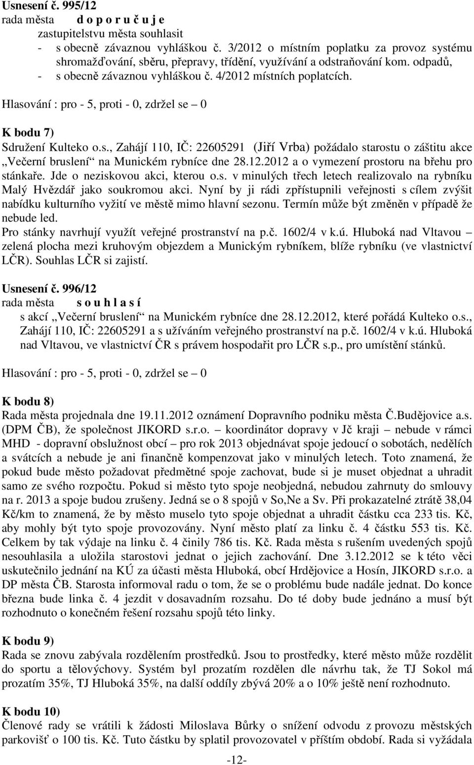 12.2012 a o vymezení prostoru na břehu pro stánkaře. Jde o neziskovou akci, kterou o.s. v minulých třech letech realizovalo na rybníku Malý Hvězdář jako soukromou akci.