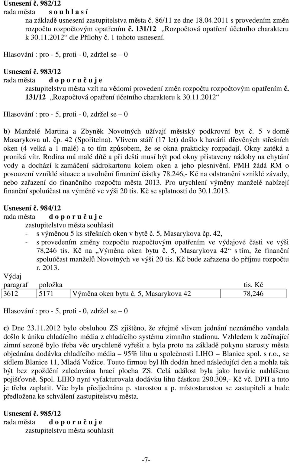 2012 b) Manželé Martina a Zbyněk Novotných užívají městský podkrovní byt č. 5 v domě Masarykova ul. čp. 42 (Spořitelna).