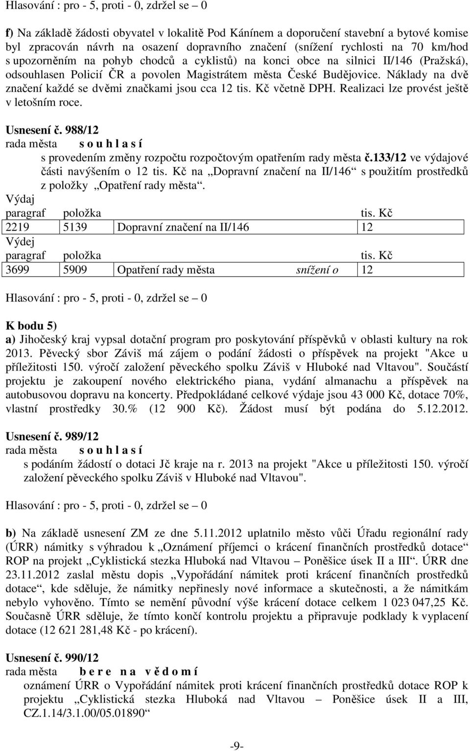 Kč včetně DPH. Realizaci lze provést ještě v letošním roce. Usnesení č. 988/12 s provedením změny rozpočtu rozpočtovým opatřením rady města č.133/12 ve výdajové části navýšením o 12 tis.