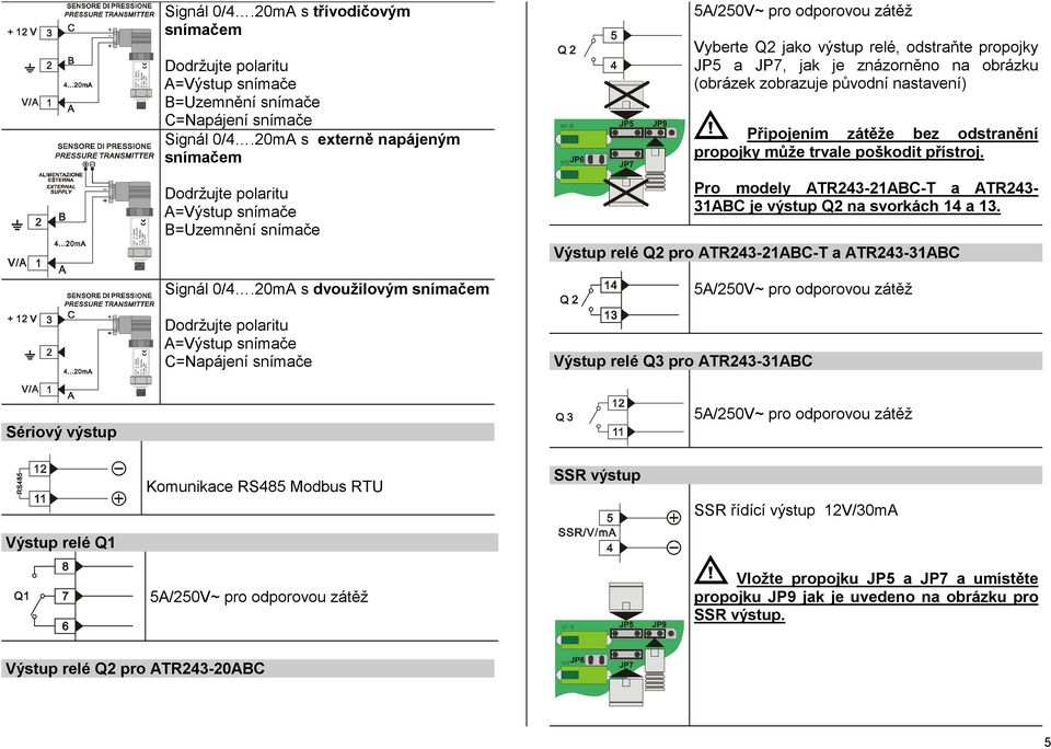 20mA s externě napájeným snímačem Dodržujte polaritu A=Výstup snímače B=Uzemnění snímače 5A/250V~ pro odporovou zátěž Vyberte Q2 jako výstup relé, odstraňte propojky JP5 a JP7, jak je znázorněno na