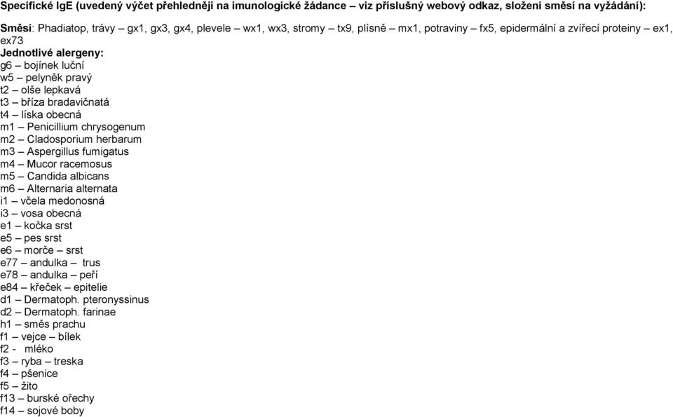 m2 Cladosporium herbarum m3 Aspergillus fumigatus m4 Mucor racemosus m5 Candida albicans m6 Alternaria alternata i1 včela medonosná i3 vosa obecná e1 kočka srst e5 pes srst e6 morče srst e77 andulka