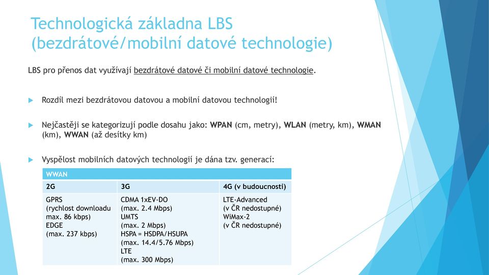 Nejastěji se kategorizují podle dosahu jako: WPAN (cm, metry), WLAN (metry, km), WMAN (km), WWAN (až desítky km) Vyspělost mobilních datových technologií je