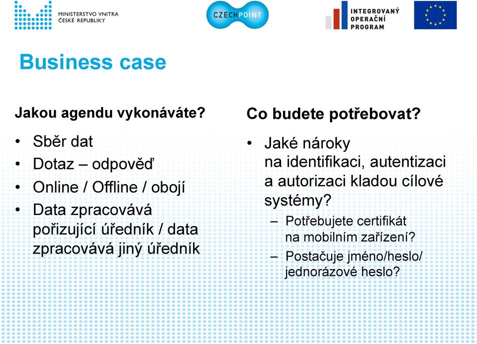 Sběr dat Dotaz odpověď Online / Offline / obojí Data zpracovává pořizující úředník /