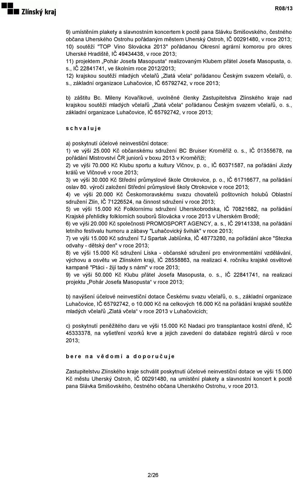 , IČ 22841741, ve školním roce 2012/2013; 12) krajskou soutěží mladých včelařů Zlatá včela pořádanou Českým svazem včelařů, o. s., základní organizace Luhačovice, IČ 65792742, v roce 2013; b) záštitu Bc.