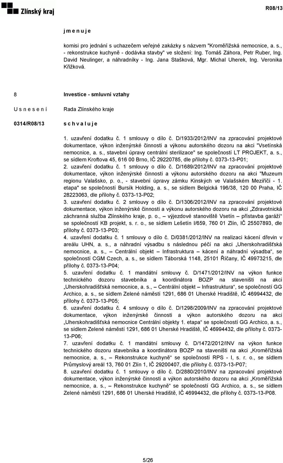 D/1933/2012/INV na zpracování projektové dokumentace, výkon inženýrské činnosti a výkonu autorského dozoru na akci "Vsetínská nemocnice, a. s.