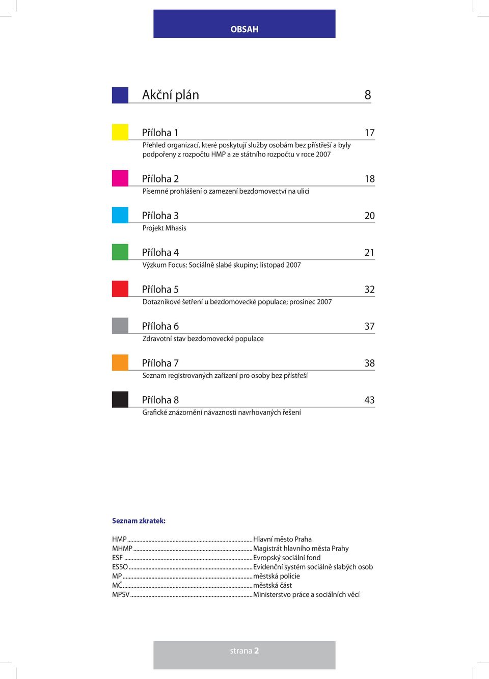 Příloha 6 37 Zdravotní stav bezdomovecké populace Příloha 7 38 Seznam registrovaných zařízení pro osoby bez přístřeší Příloha 8 43 Grafické znázornění návaznosti navrhovaných řešení Seznam zkratek: